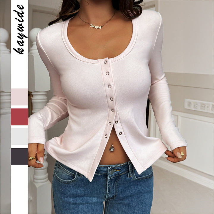Women tailored long-sleeve shirt with press stud placket, round neckline and front slit look Mune Fashion