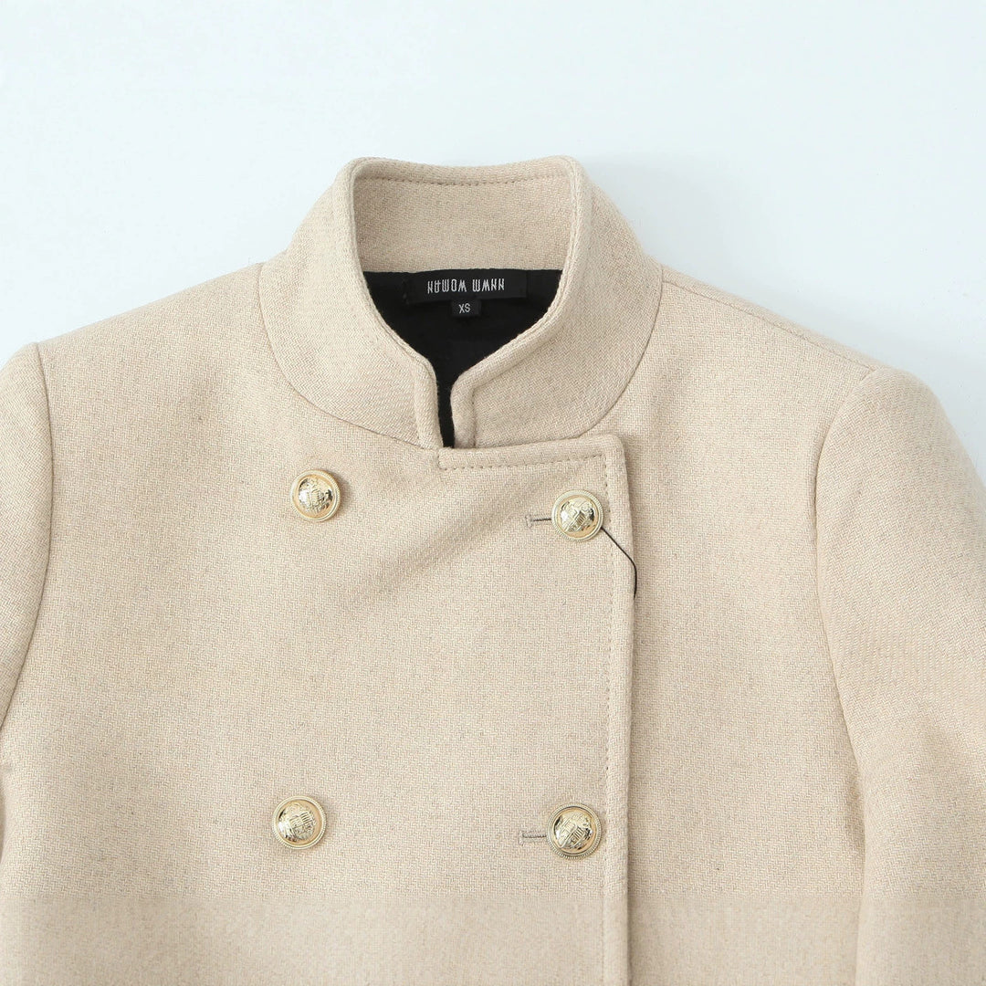 Women Double-breasted Wool Coat with Stand-up Collar and Decorative Buttons Mune Fashion