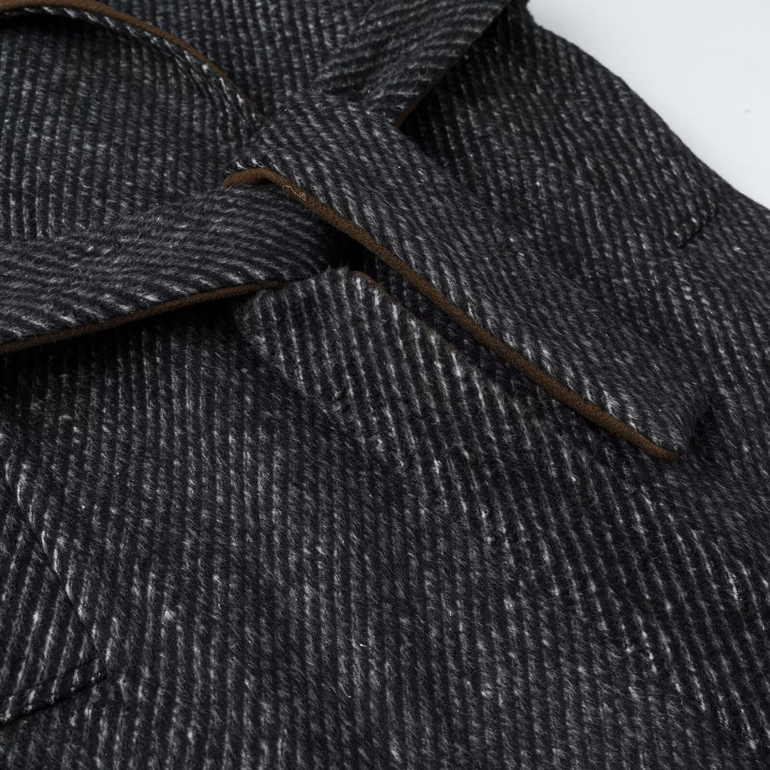 Women Long Wool Herringbone Coat with Tie Belt and Large Notched Collar Mune Fashion
