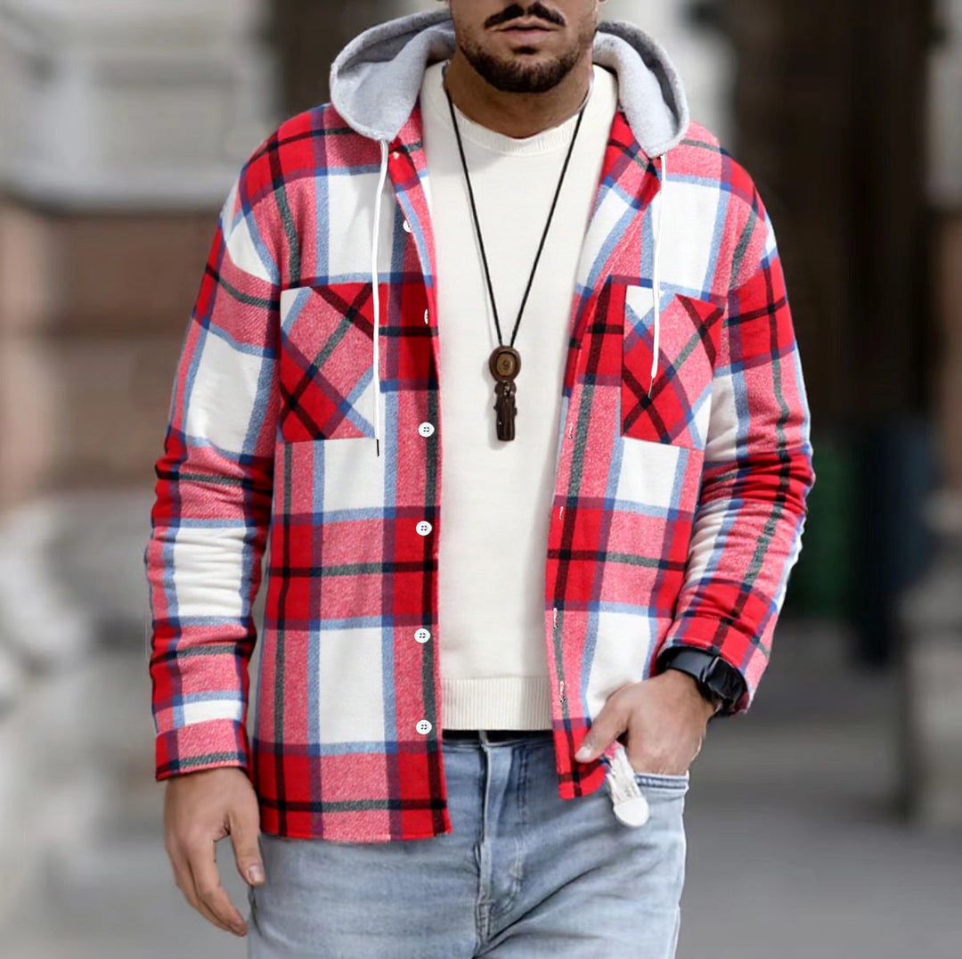 Men's checkered shirt jacket with hood, button placket and chest pockets EB