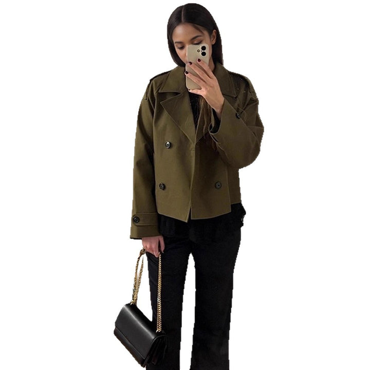 Women's Cropped Double-Breasted Trench Coat with Boxy Silhouette and Patch Pockets Mune Fashion