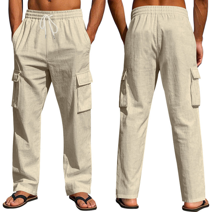 Men's loose linen cargo pants with elastic drawstring waistband and patch flap pockets Mune Fashion