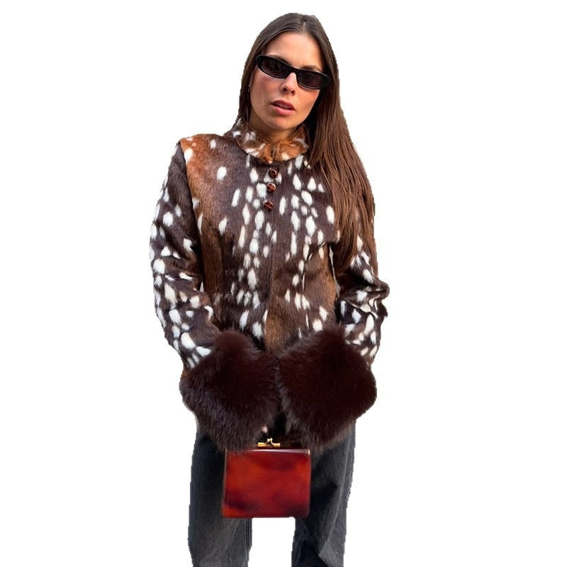 Women's Tailored Short Jacket with Leopard Print and Faux Fur Cuffs Mune Fashion