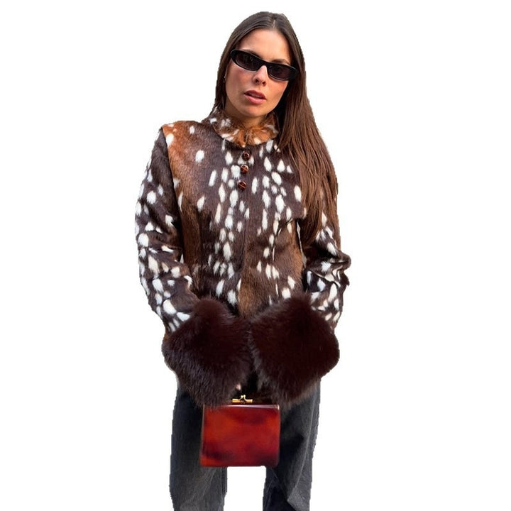 Women's Tailored Short Jacket with Leopard Print and Faux Fur Cuffs Mune Fashion