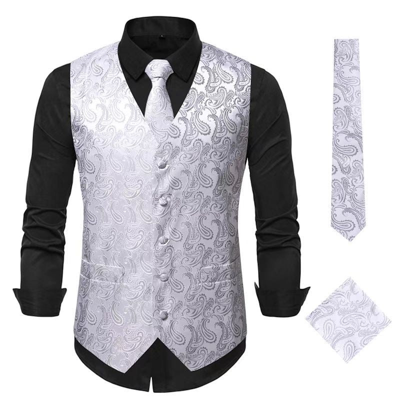 Men's Nan Paisley Satin Suit Vest Set with Tie and Pocket Square Mune Fashion