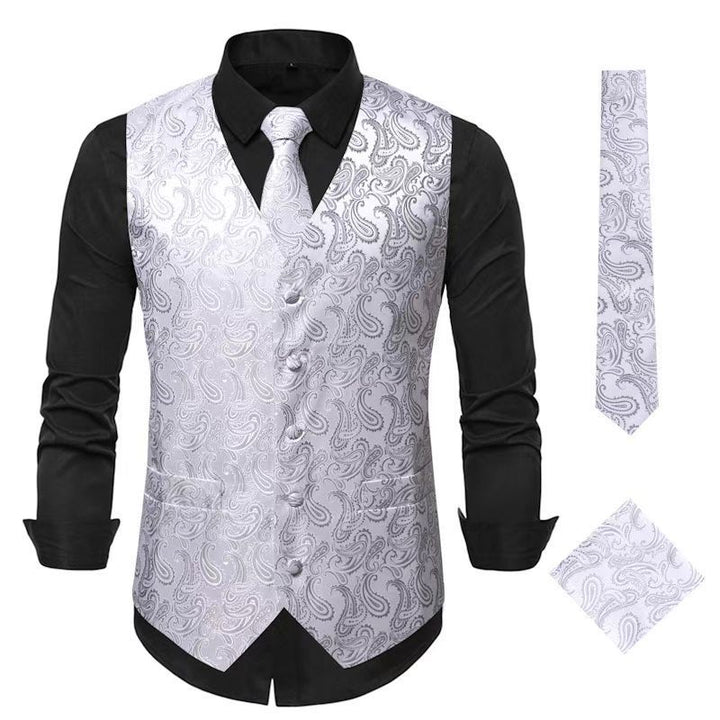 Men's Nan Paisley Satin Suit Vest Set with Tie and Pocket Square Mune Fashion
