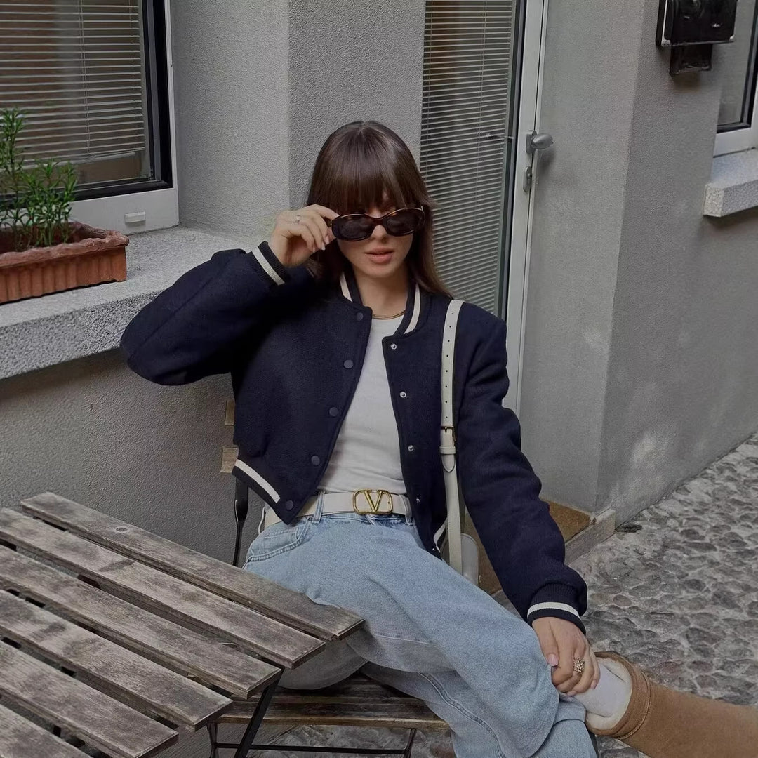 Women's Cropped Boxy Bomber Jacket with Ribbed Cuffs and Snap Placket Mune Fashion