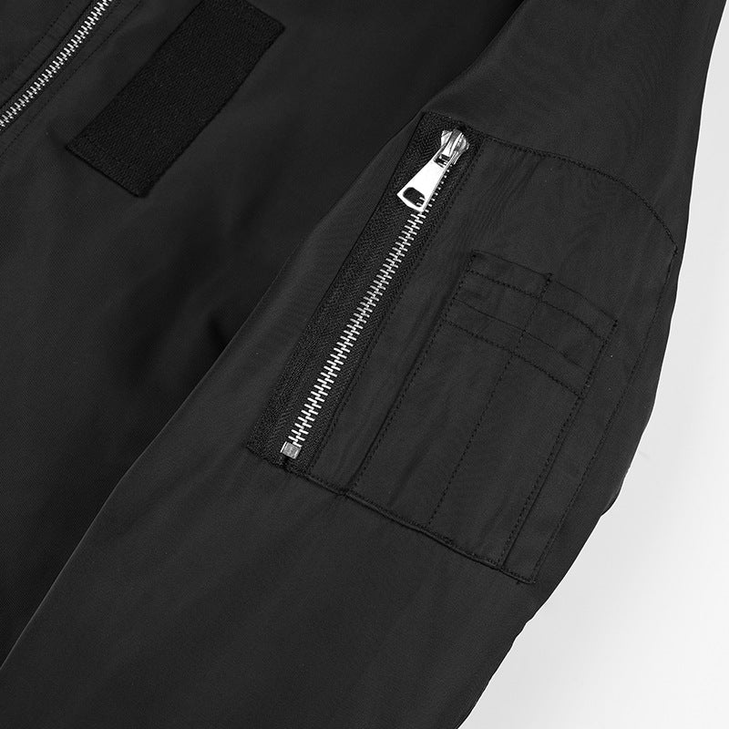 Men's bomber jacket in pilot look with contrasting inner lining, sleeve utility pocket, and elastic rib cuffs.