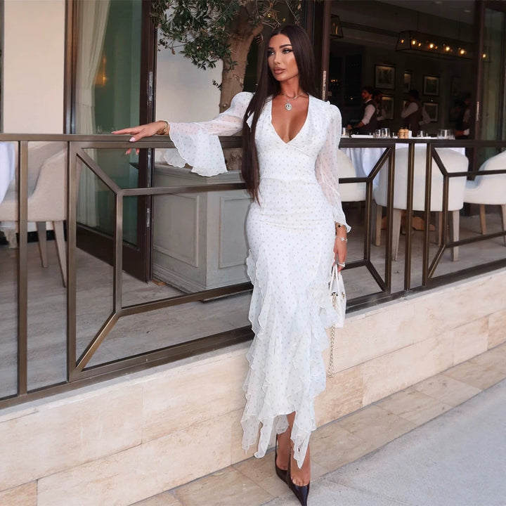 Women's chiffon maxi dress with deep V-neck, transparent bell sleeves and tiered ruffles Mune Fashion