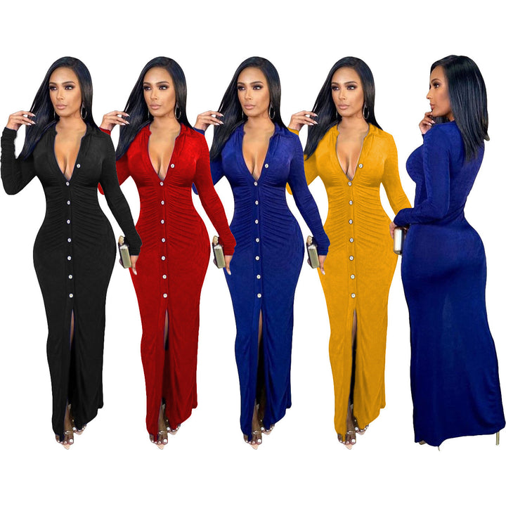 Women's Figure-Hugging Maxi Dress with Button Placket, Gathered Detail and Deep V-Neck