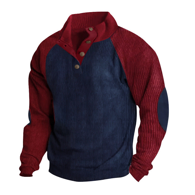 Men's thermal cord pullover with button placket, stand collar, raglan sleeves, and elbow patches Mune Fashion