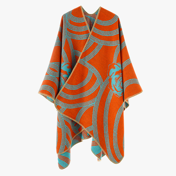 Women's Jacquard Cape Poncho with Rose Motif and Open Front Mune Fashion