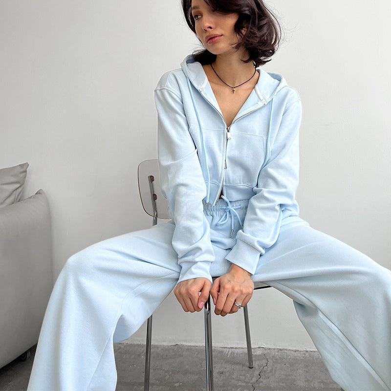 Women's Short Zip Hoodie Set with High-Waisted Wide Lounge Pants Mune Fashion