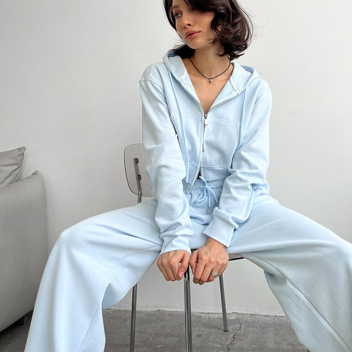 Women's Short Zip Hoodie Set with High-Waisted Wide Lounge Pants Mune Fashion