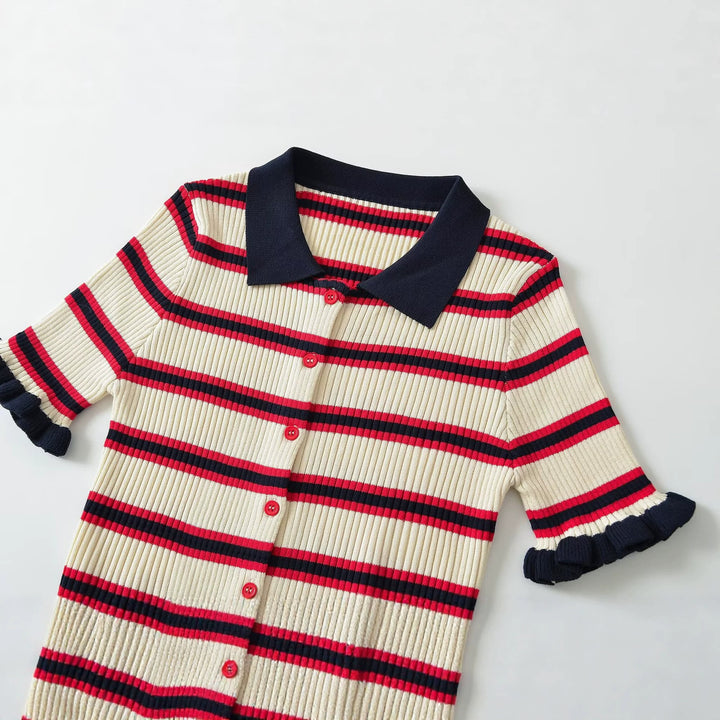 Women's Ribbed Short Sleeve Cardigan with Polo Collar, Button Placket, and Ruffle Edges Mune Fashion