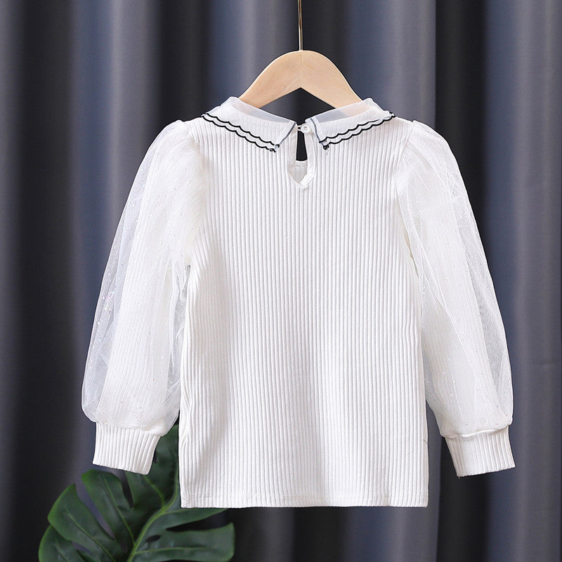 Girls blouse with transparent puff sleeves and embroidered collar Mune Fashion
