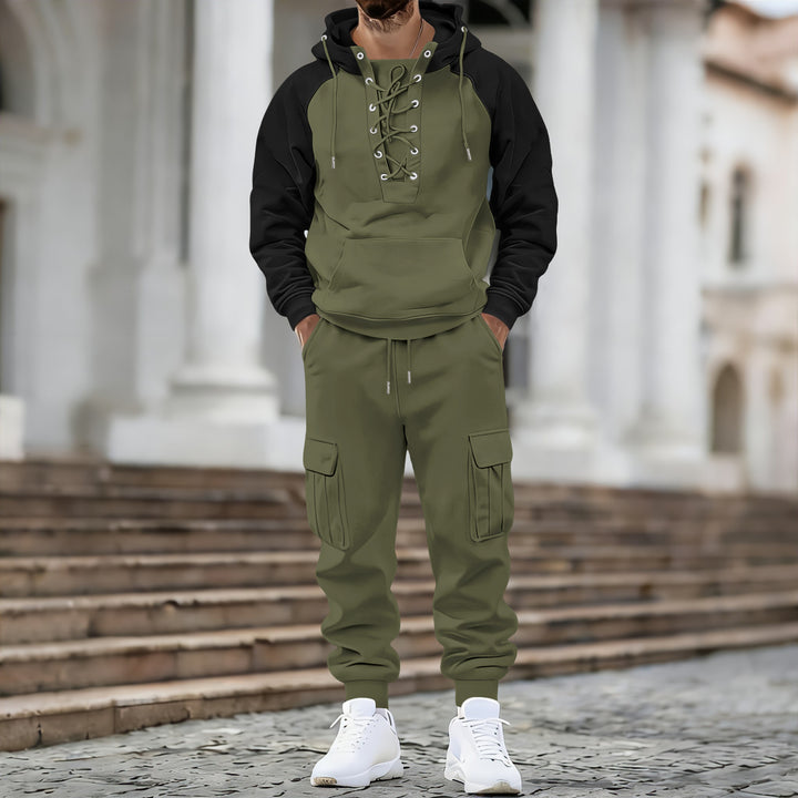 Men's hooded sweatshirt with front laced placket, raglan sleeves, and kangaroo pocket Mune Fashion