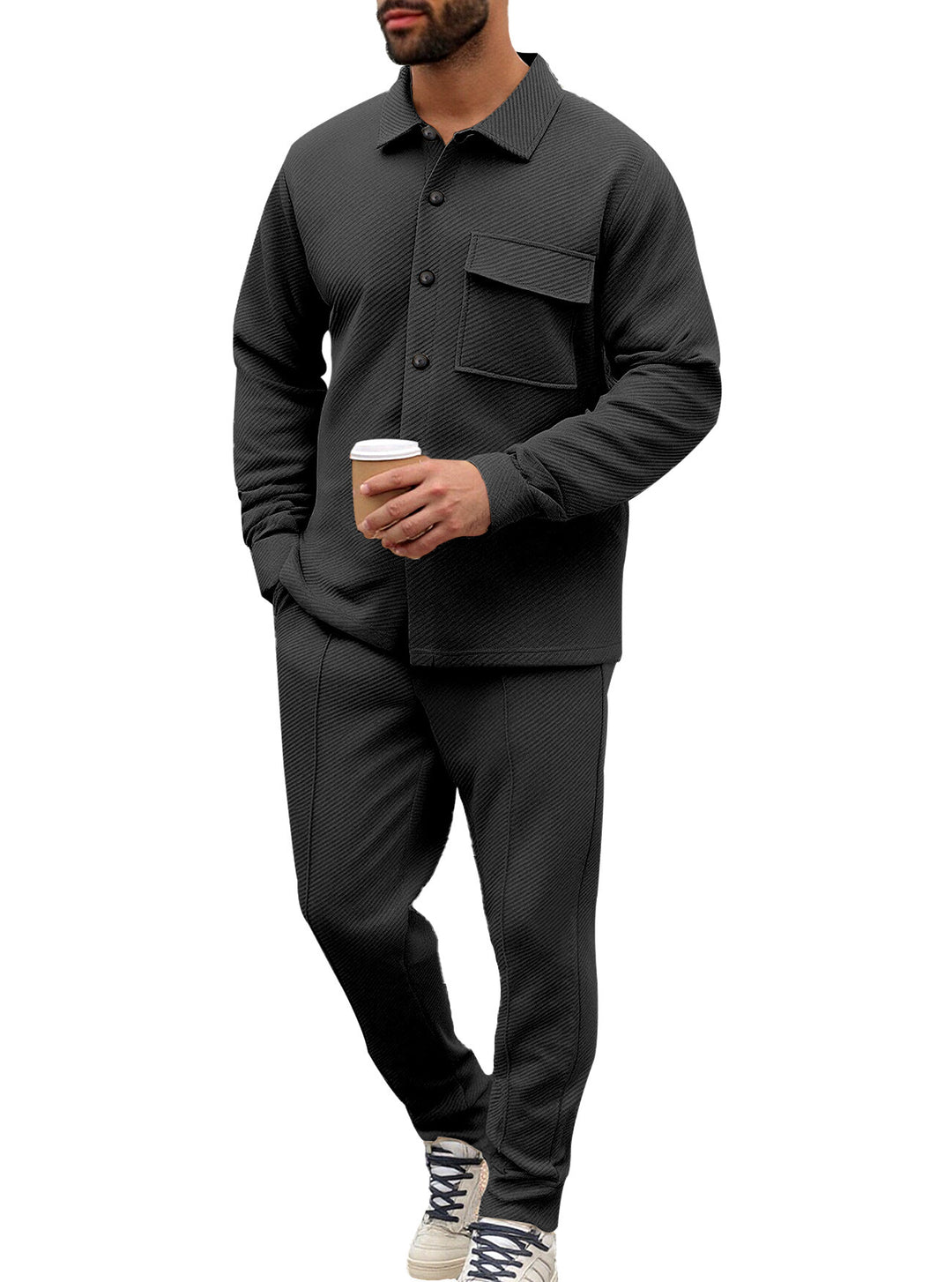 Men's Comfort Two-Piece Waffle Structure Shirt Jacket with Flap Pocket and Relaxed Cuff Pants Mune Fashion
