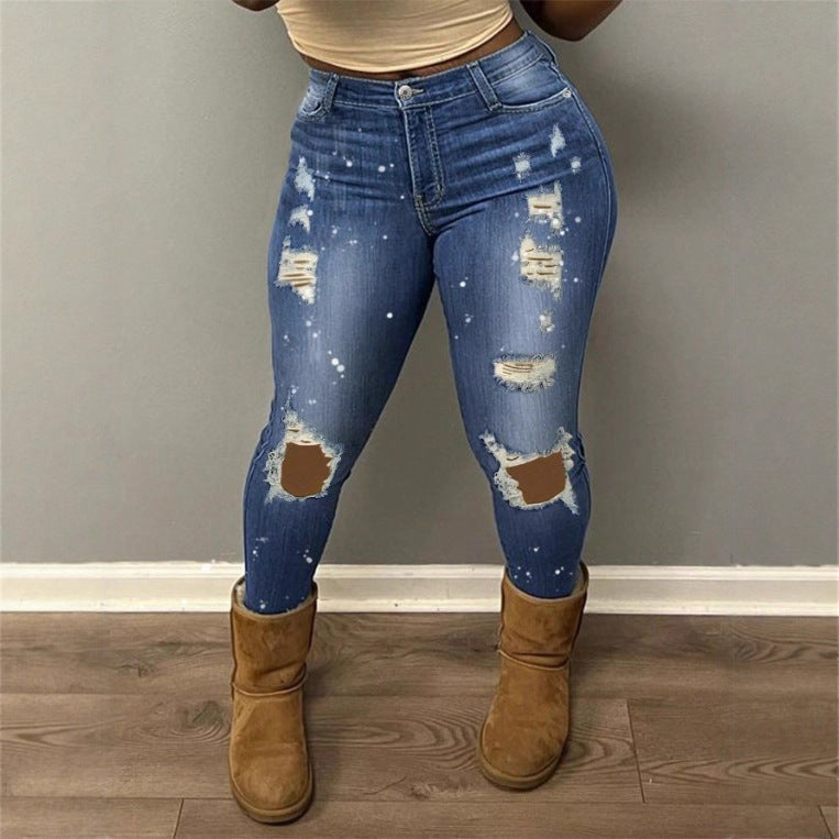 Women's high-waisted skinny super stretch jeans with used knee rips and paint splatter Mune Fashion