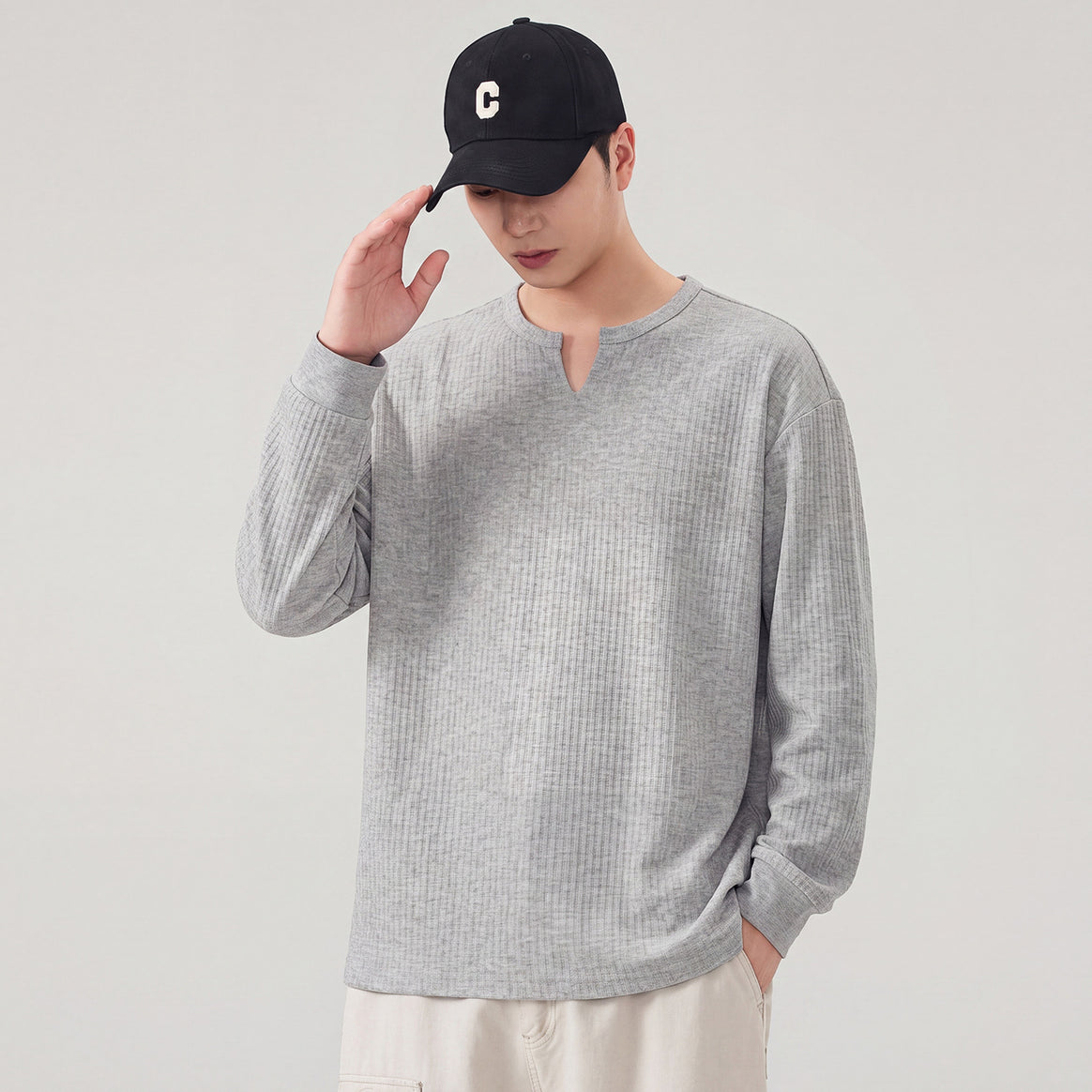 Men's Loose Long Sleeve Shirt with V-Notch Collar and Textured Cotton Blend Mune Fashion