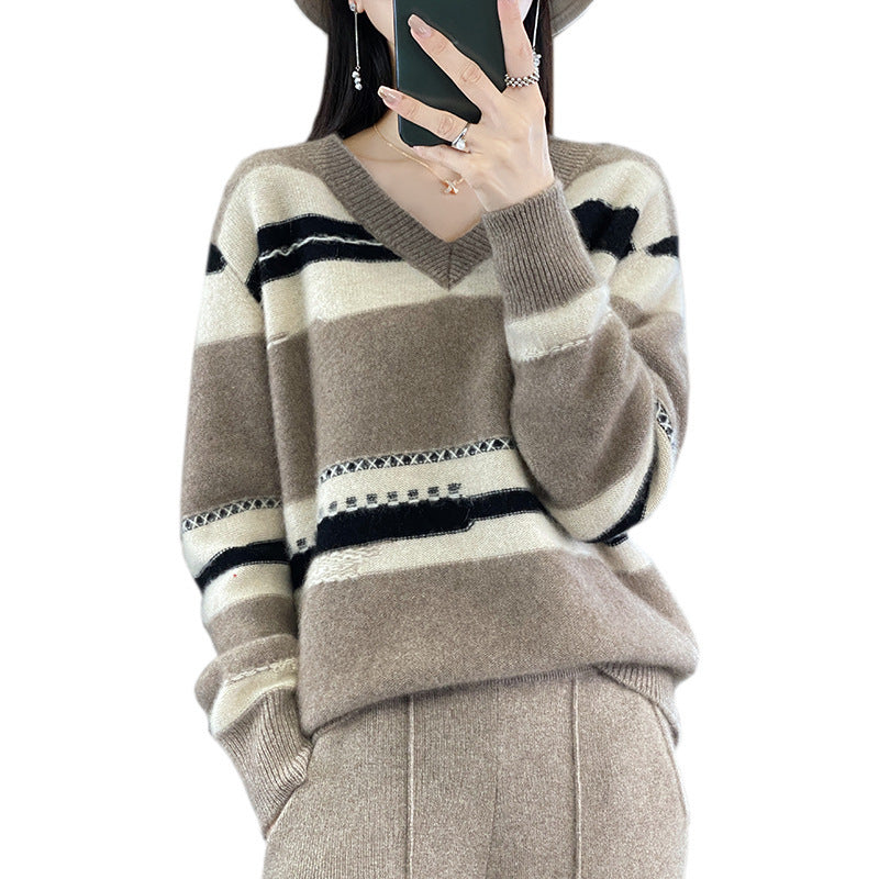 Women's Oversized Knit Sweater with V-Neck and Graphic Stripe Mix Mune Fashion
