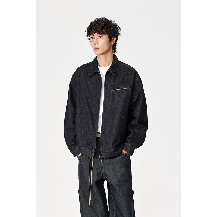 Men's Loose-Fit Denim Worker Jacket with Hidden Zipper and Slanted Chest Pocket Mune Fashion
