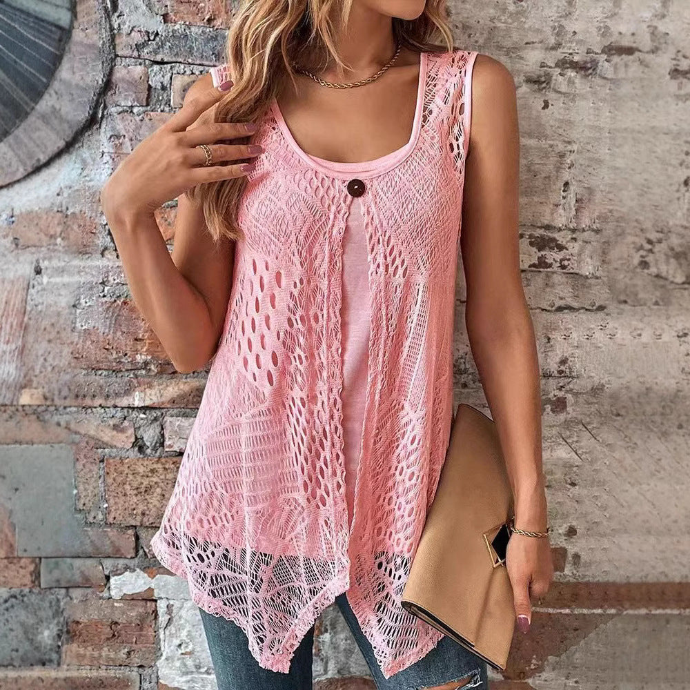 Women's two-layer crochet overlay with jersey inner top, single-button closure and asymmetrical hem Mune Fashion