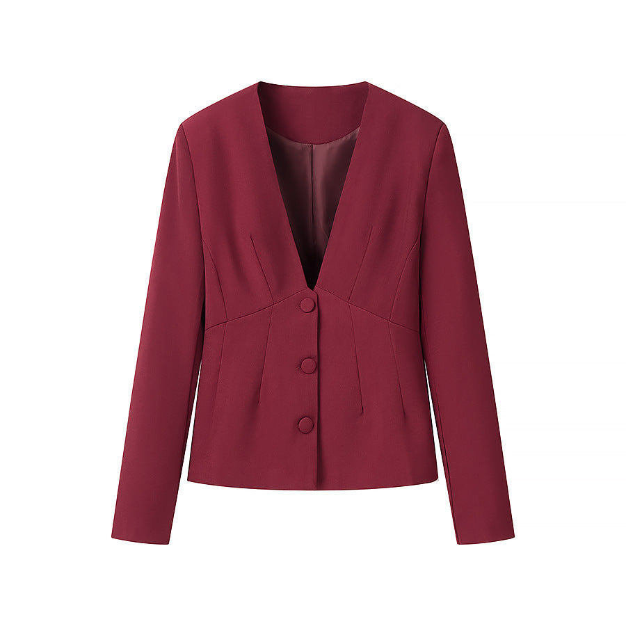 Women Tailored Blazer with Deep V-Neck and Concealed Button Placket Mune Fashion