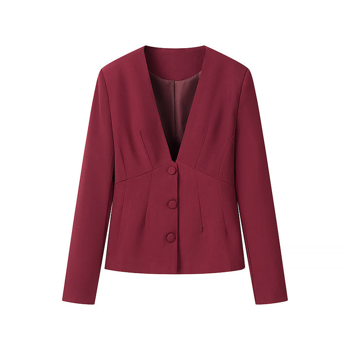 Women Tailored Blazer with Deep V-Neck and Concealed Button Placket Mune Fashion
