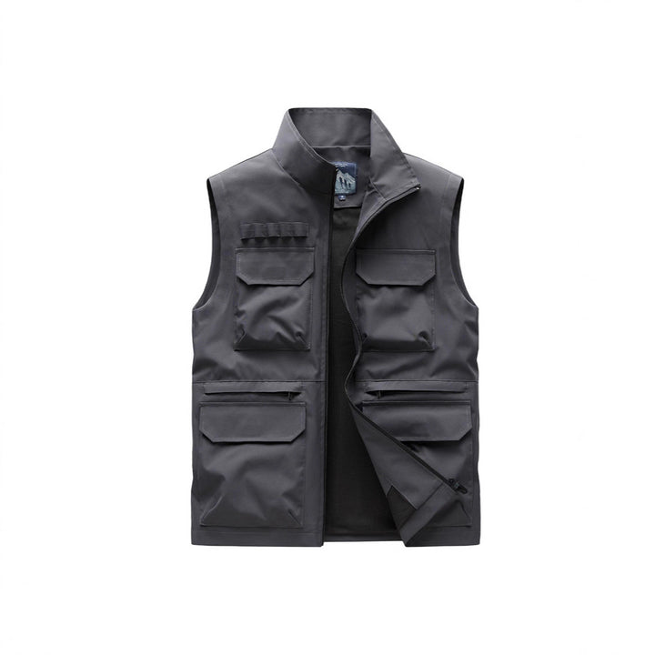 Men's Outdoor Utility Vest with eight multifunctional pockets, durable cotton blend, and wind protection collar Mune Fashion