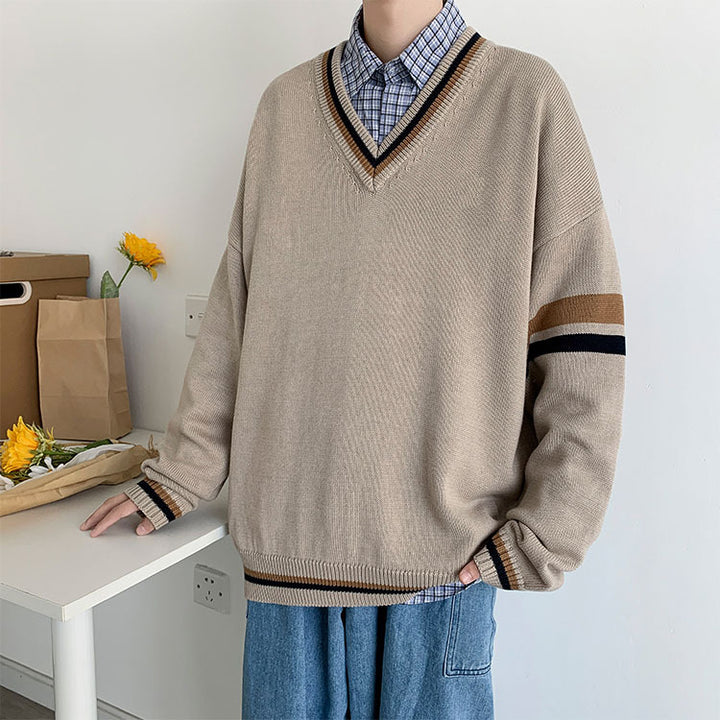 Men's fashionable chunky knit sweater with V-neck and stripes Mune Fashion