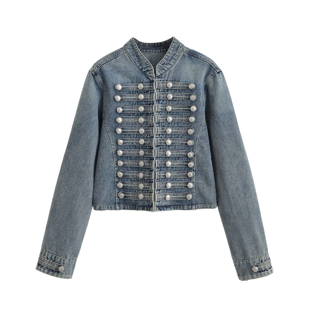 Women's denim jacket in military style with stand-up collar and decorative button plackets Mune Fashion