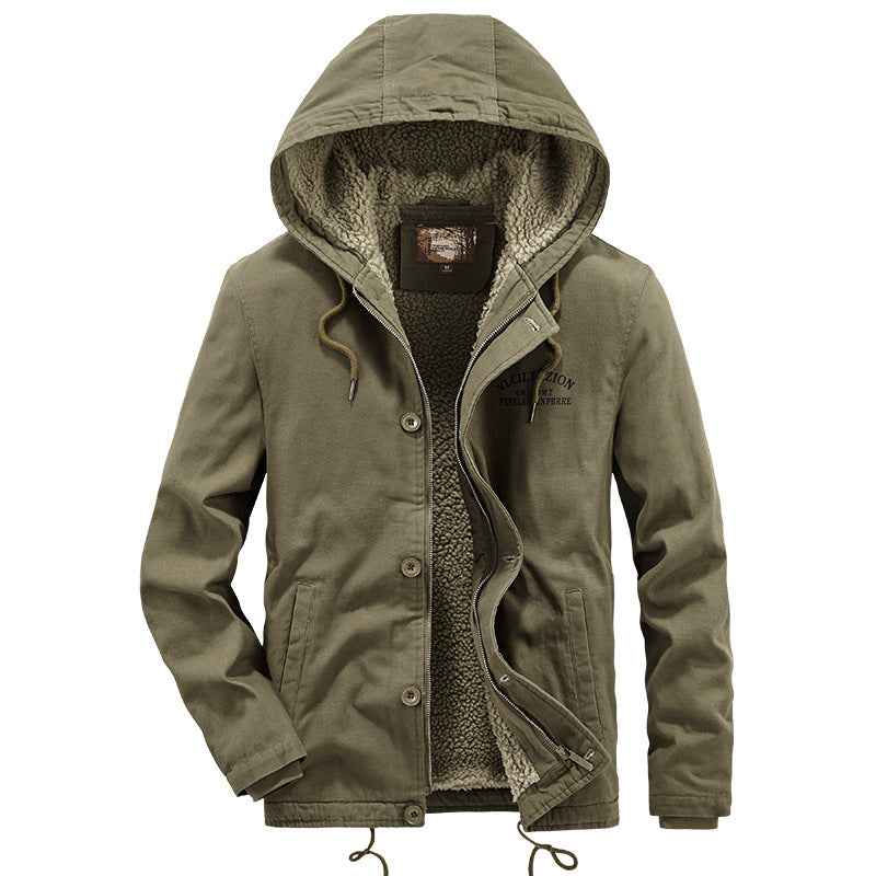 Men's canvas hooded jacket with full teddy lining, two-way zipper and drawstring hem Mune Fashion