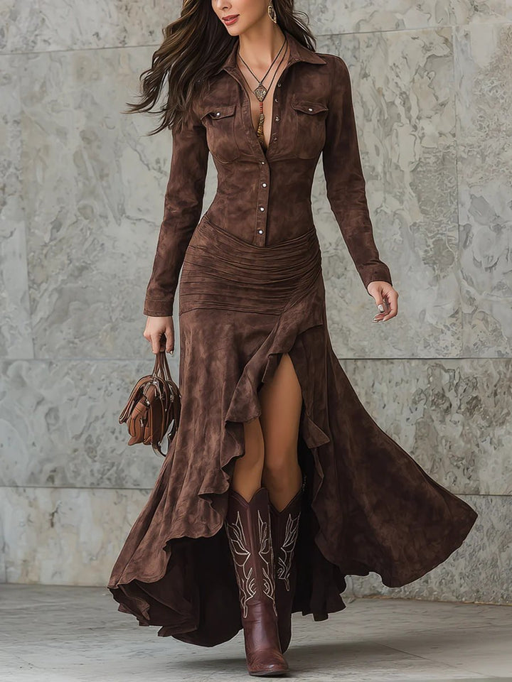 Women's Long Shirt Dress in Suede Look with Ruching, Asymmetrical Ruffle Hem and High Slit Mune Fashion