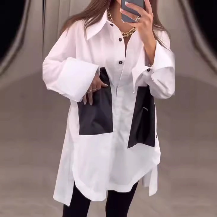 Women nan oversized shirt with contrast pockets, extra wide cuffs and side slits Mune Fashion