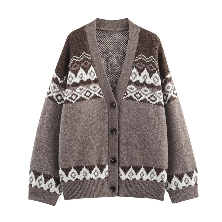 Women's Oversized Knit Cardigan with Jacquard Pattern and V-Neck Mune Fashion