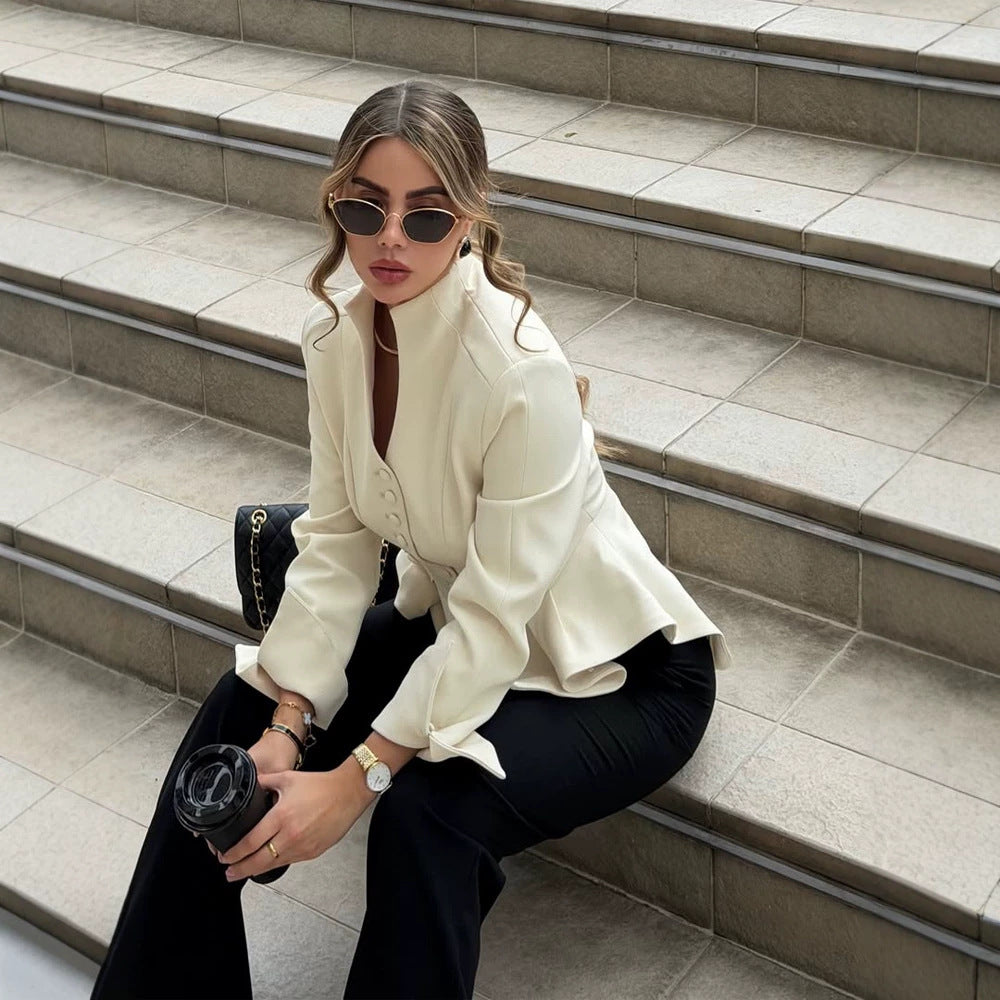 Women Tailored Blazer with Flounce, Stand Collar & Decorative Button Placket Mune Fashion