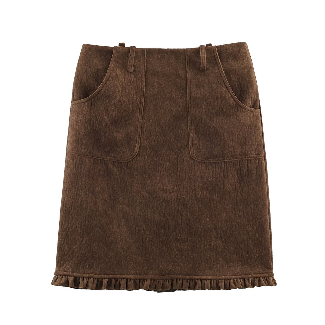 Women's knee-length A-line skirt made of suede imitation with patch pockets and ruffled hem