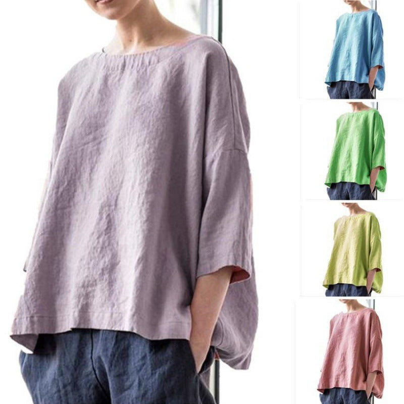 Women's oversized linen blouse with wide boxy cut, boat neckline and 3/4 sleeves Mune Fashion