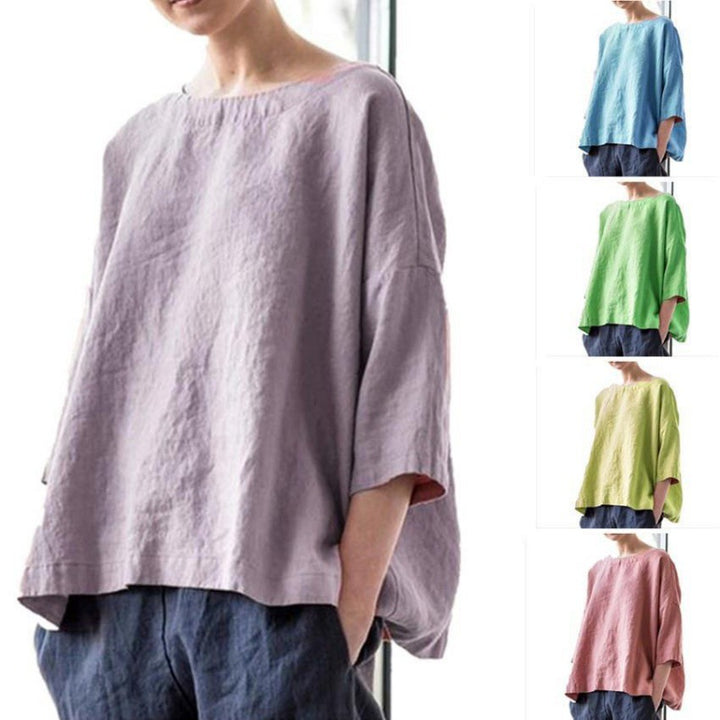 Women's oversized linen blouse with wide boxy cut, boat neckline and 3/4 sleeves Mune Fashion