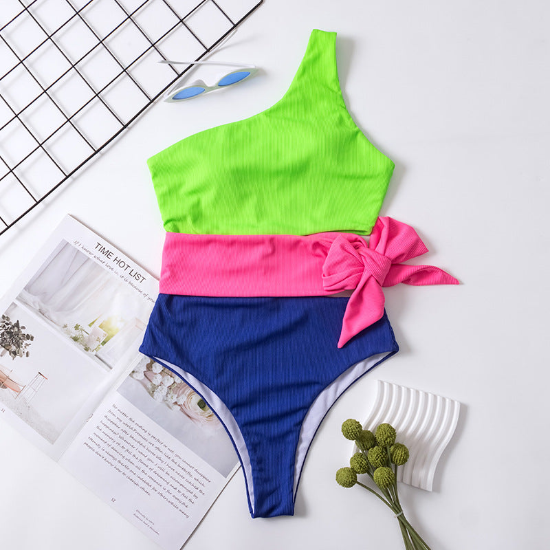 Women's One-Piece Swimsuit with Asymmetrical Design and Fashionable Wrap Waist Mune Fashion