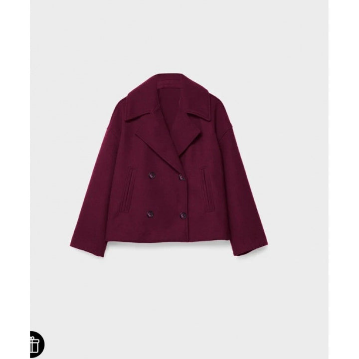 Women's Short Double-Breasted Wool Blend Peacoat with Oversized Lapels Mune Fashion