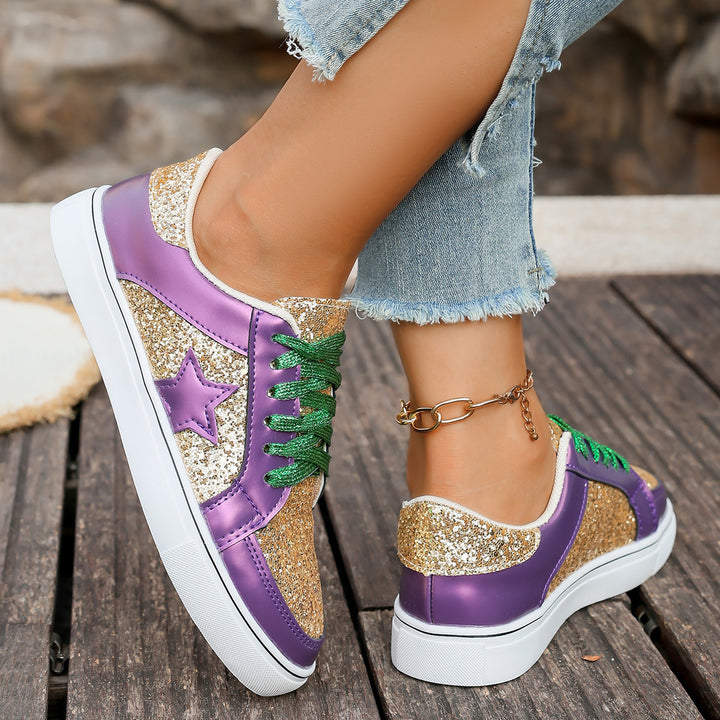 Women's fashionable platform sneakers with glitter panels, star appliqué, and padded comfort sole Mune Fashion