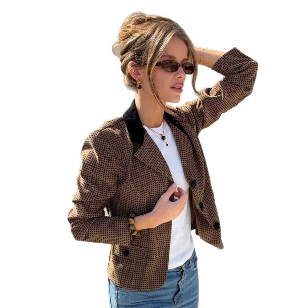 Women Tailored Houndstooth Blazer with Velvet Collar and Two-Button Placket Mune Fashion