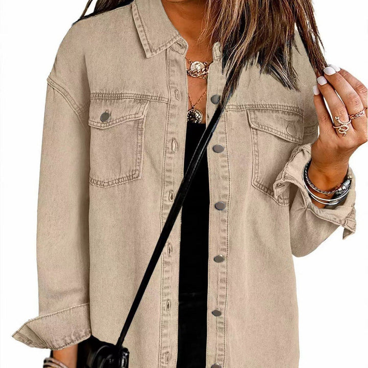 Ladies Denim Overshirt with Fringed Hem and Chest Pockets Mune