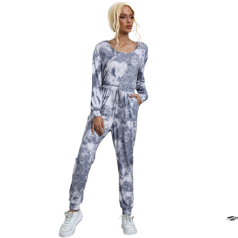 Women Casual Tie-Dye Jumpsuit made of soft sweat with Off-Shoulder and drawstring Mune Fashion