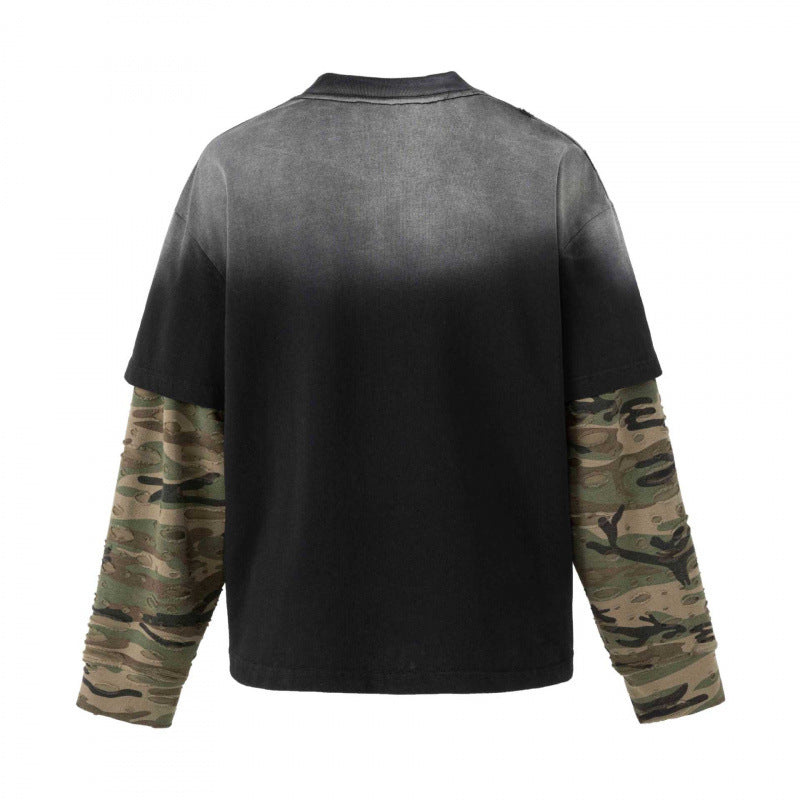 Unisex Oversize Layering Shirt with camouflage sleeves, vintage graphic and destroy details Mune Fashion