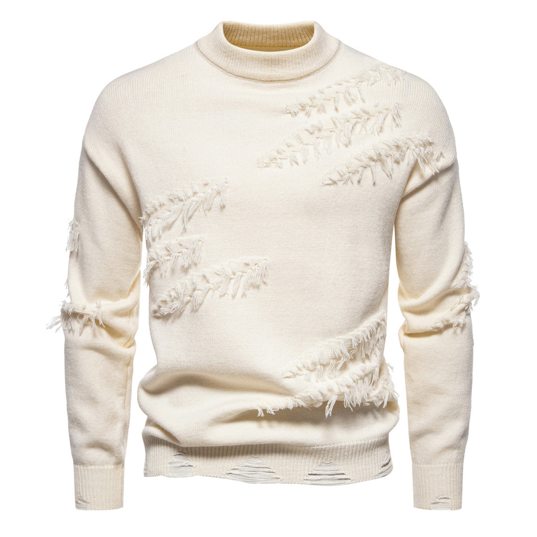 Men's Chunky Knit Sweater with Mock Neck and Frayed Ripped Details Mune Fashion