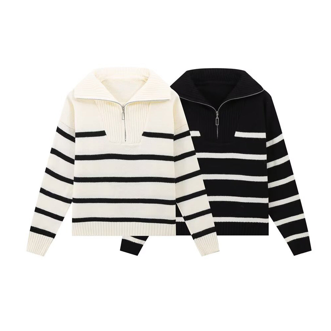 Women's Striped Knit Sweater with High Turtleneck and Half Zipper Mune Fashion