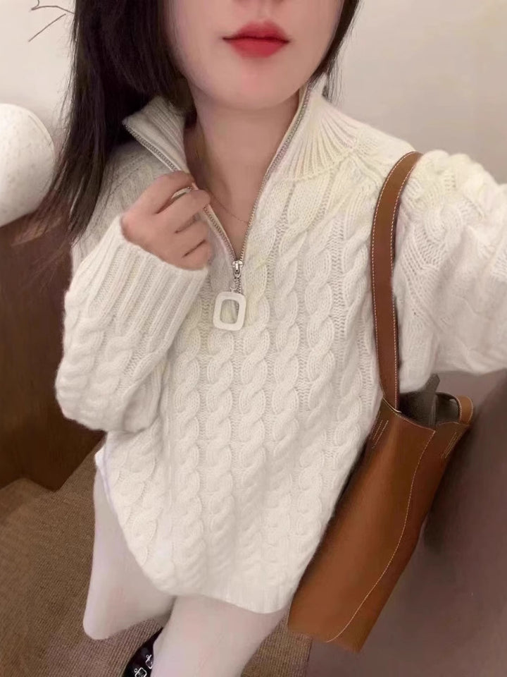 Women Oversize Cable Knit Fine Knit Sweater with Half Zipper and Stand-up Collar Mune Fashion